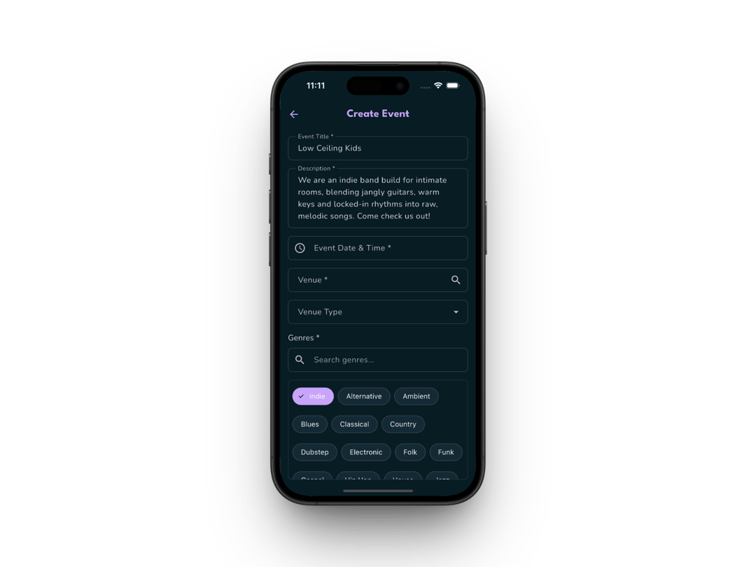 Create events screen letting artists publish gigs quickly