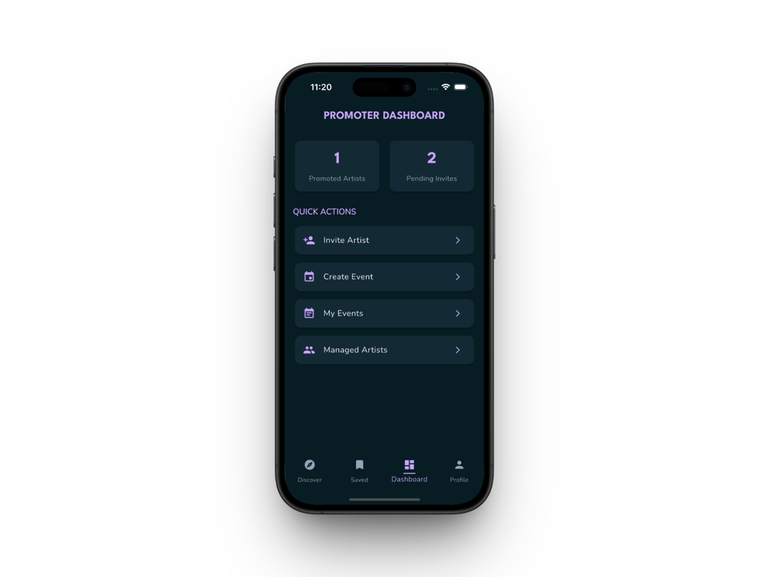 Promoter dashboard with quick actions, artist invites, and event overview