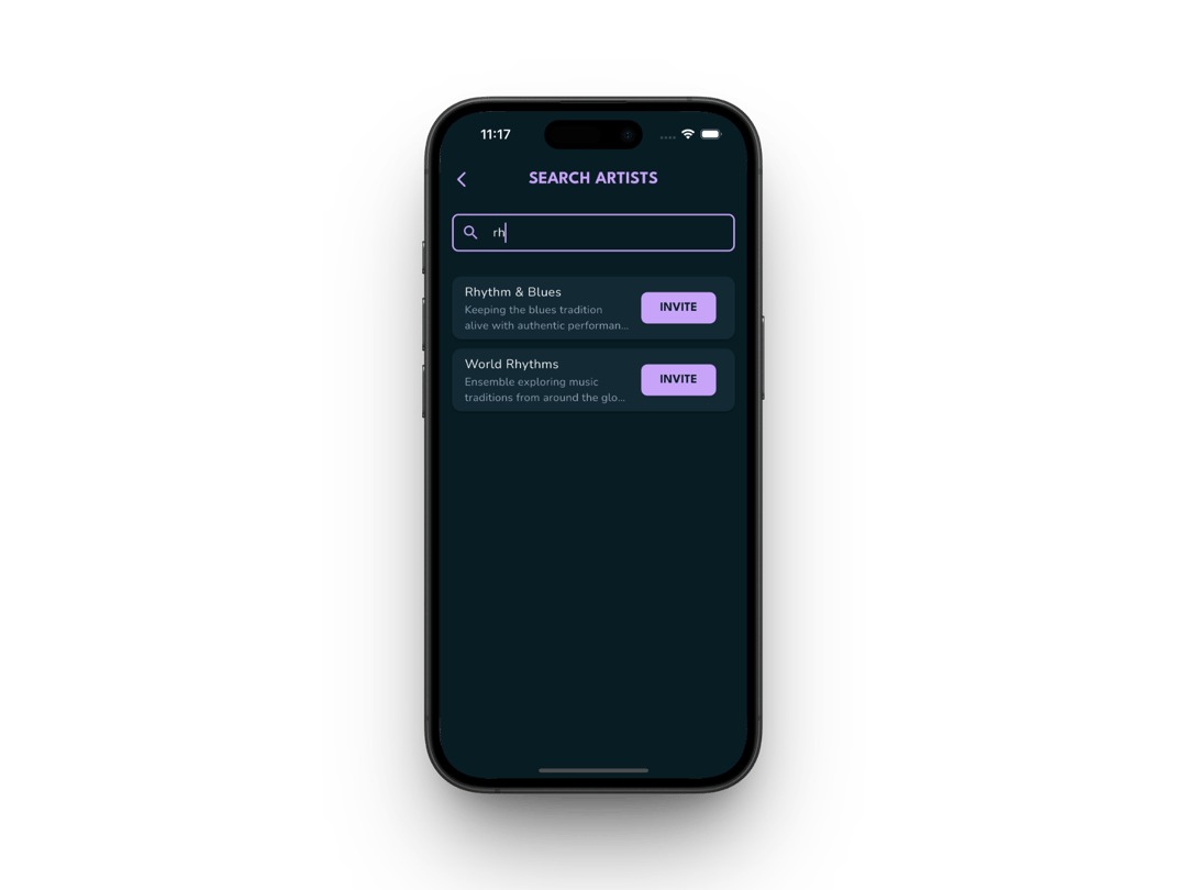 Artist management view showing invites and active artist relationships