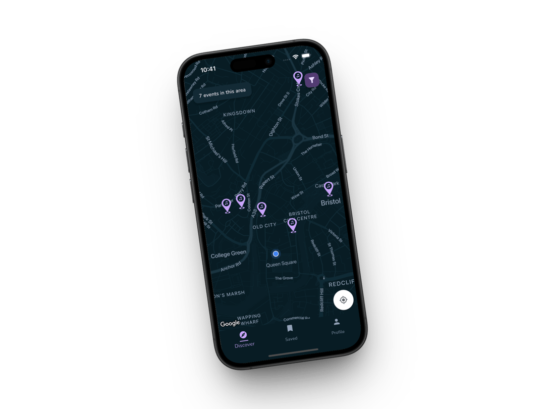OninFive live map showing nearby gigs and event pins