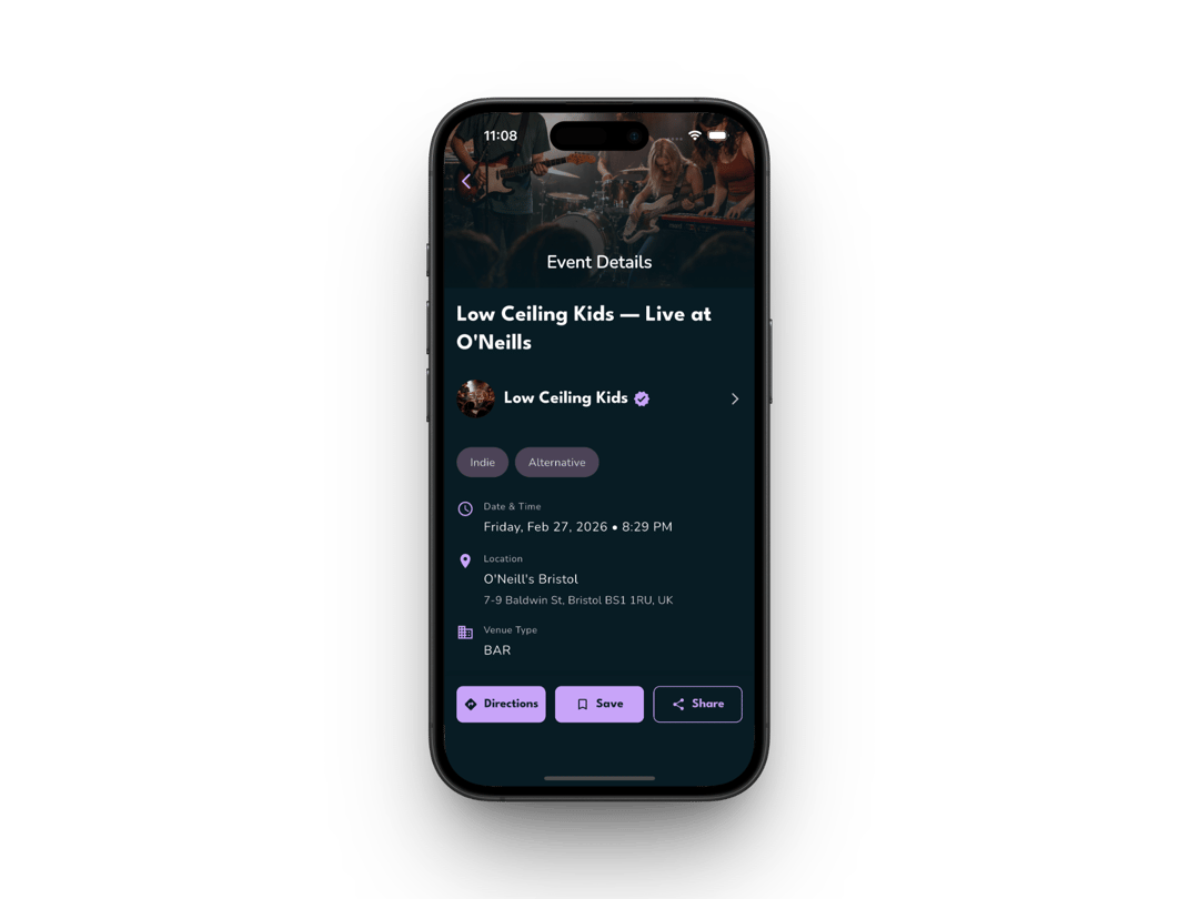 OninFive event detail view with lineup, venue info, and directions